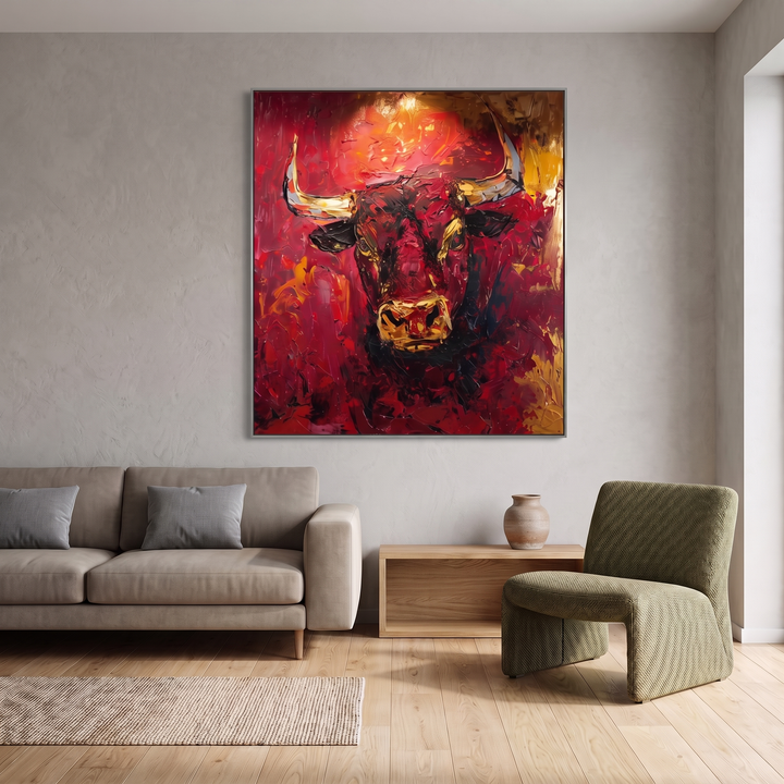 Bull of Fortune hand-painted animal portrait painting displayed in a modern living room with warm accents