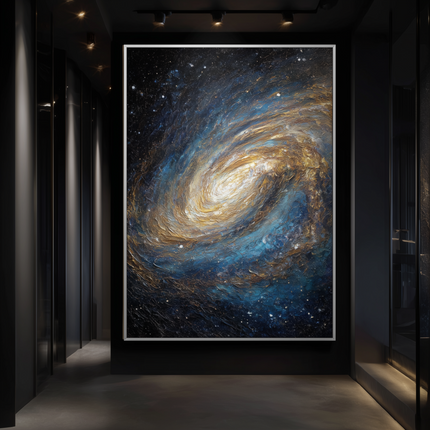 Framed artwork of a swirling galaxy in a dark hallway