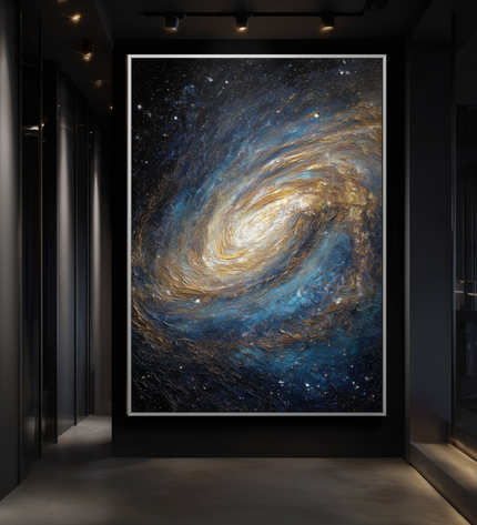 Framed artwork of a swirling galaxy in a dark hallway