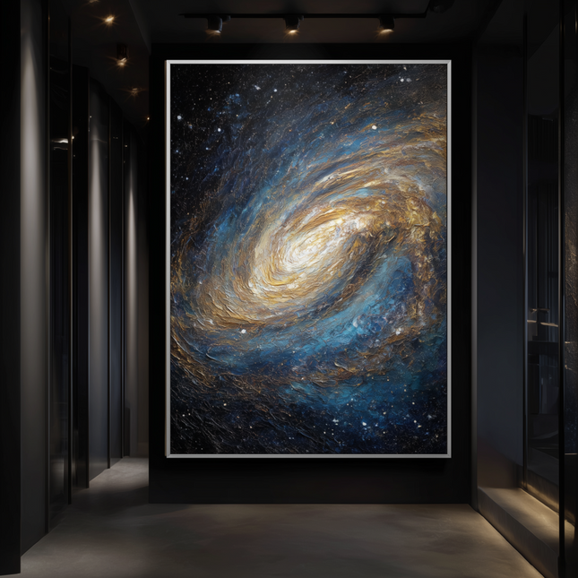 Framed artwork of a swirling galaxy in a dark hallway