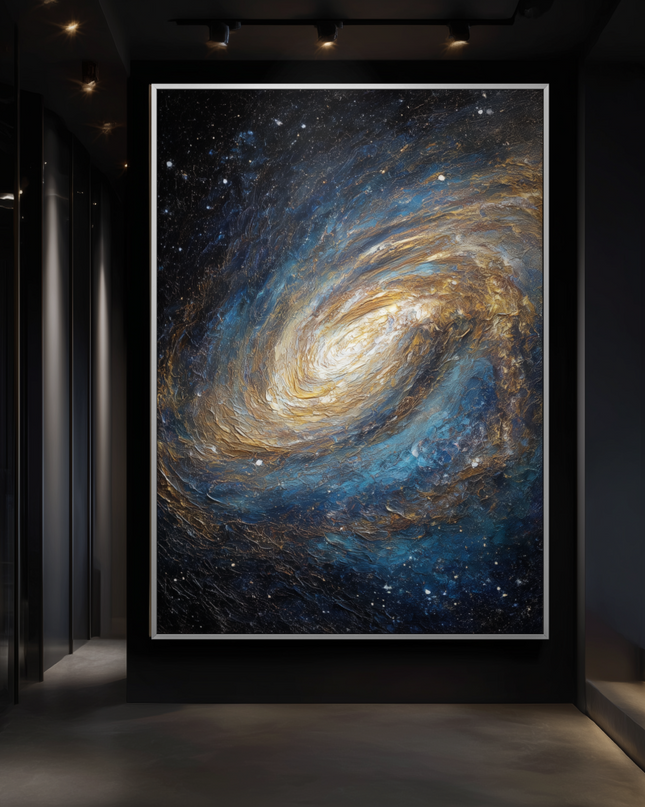 Framed artwork of a swirling galaxy in a dark hallway