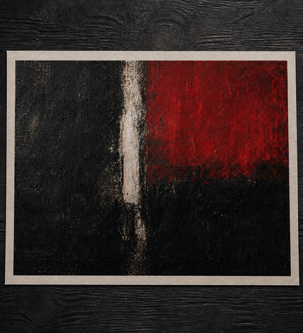 Crimson Divide — unframed Canvas Roll laid flat on a studio table