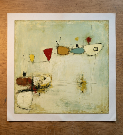 Quiet Satellites — unframed Canvas Roll laid flat on a studio table