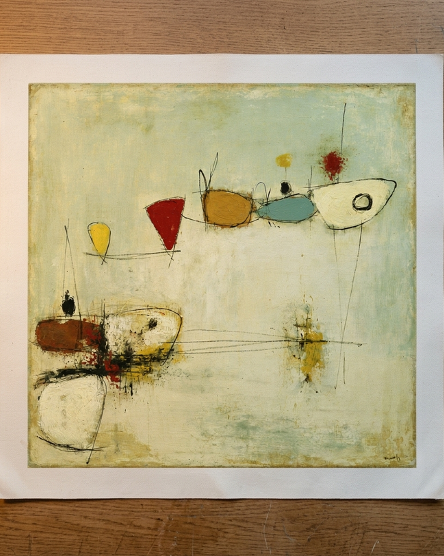 Quiet Satellites — unframed Canvas Roll laid flat on a studio table