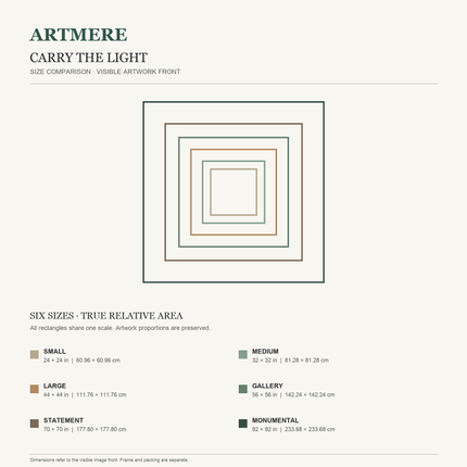 Carry the Light — six-size comparison guide, visible artwork dimensions in inches and cm