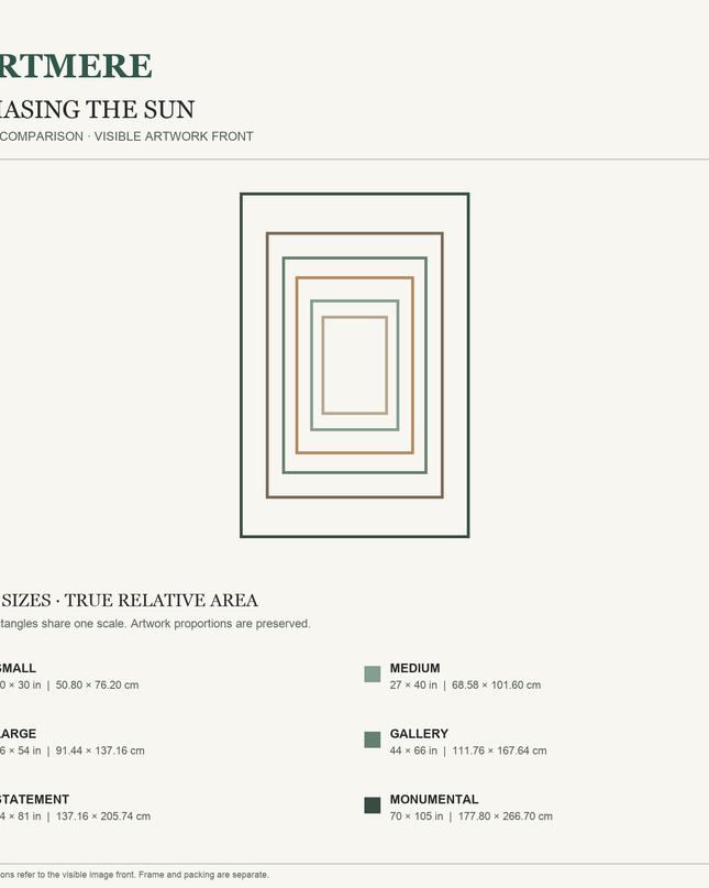Chasing the Sun — six-size comparison guide, visible artwork dimensions in inches and cm