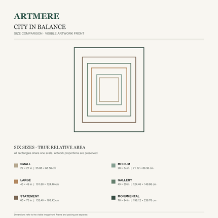 City in Balance — six-size comparison guide, visible artwork dimensions in inches and cm