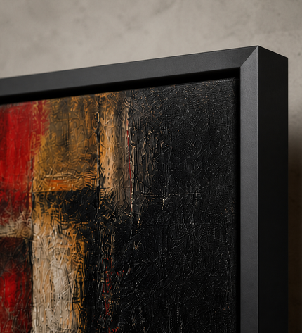Ember Threshold — close-up showing the matte black metal frame corner