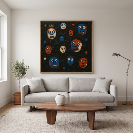 Cosmic Conversations hand-painted figurative painting displayed in a contemporary living room