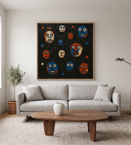 Cosmic Conversations hand-painted figurative painting displayed in a contemporary living room