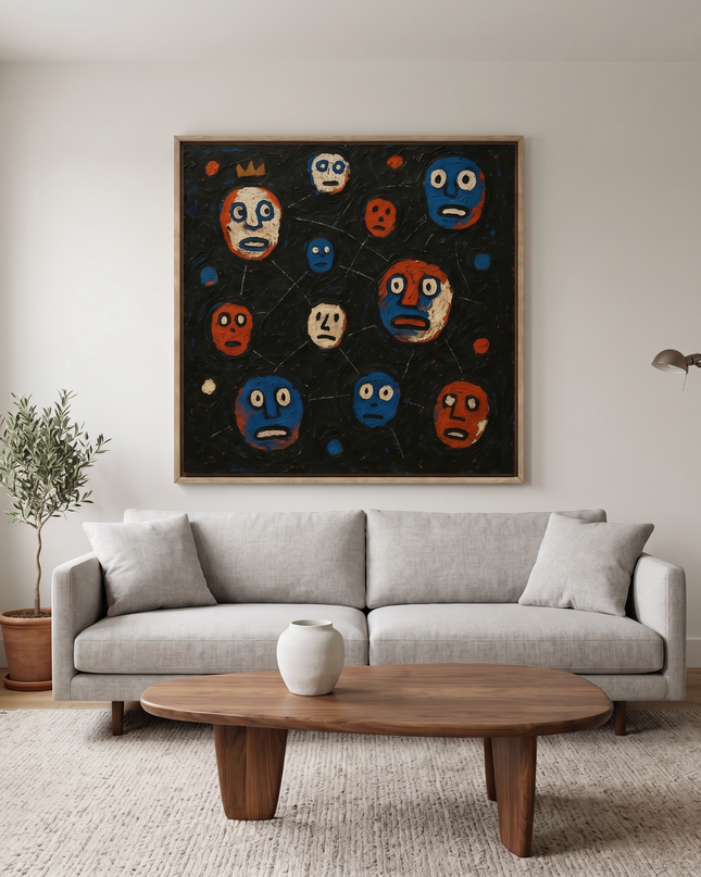 Cosmic Conversations hand-painted figurative painting displayed in a contemporary living room