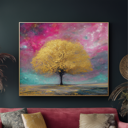 Living room with a pink sofa, colorful tree painting, and decorative items.
