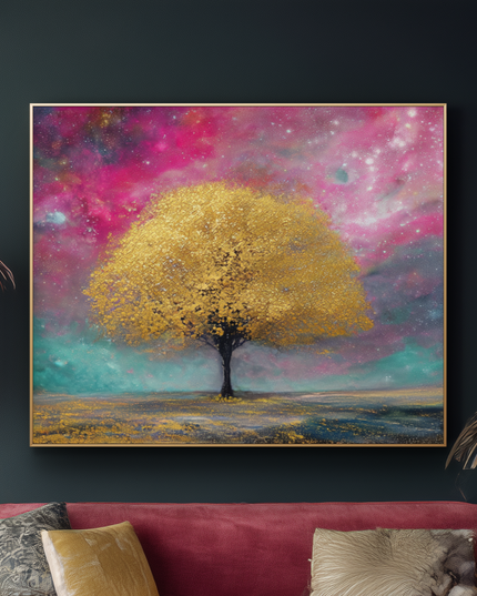 Living room with a pink sofa, colorful tree painting, and decorative items.