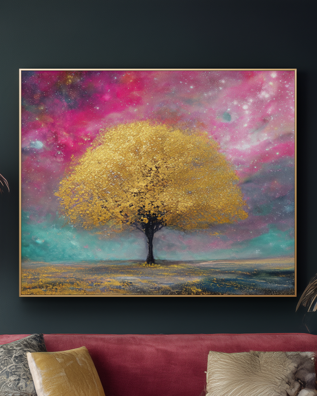 Living room with a pink sofa, colorful tree painting, and decorative items.