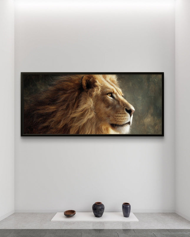 Framed artwork of a lion's head on a white wall with three dark vases below.