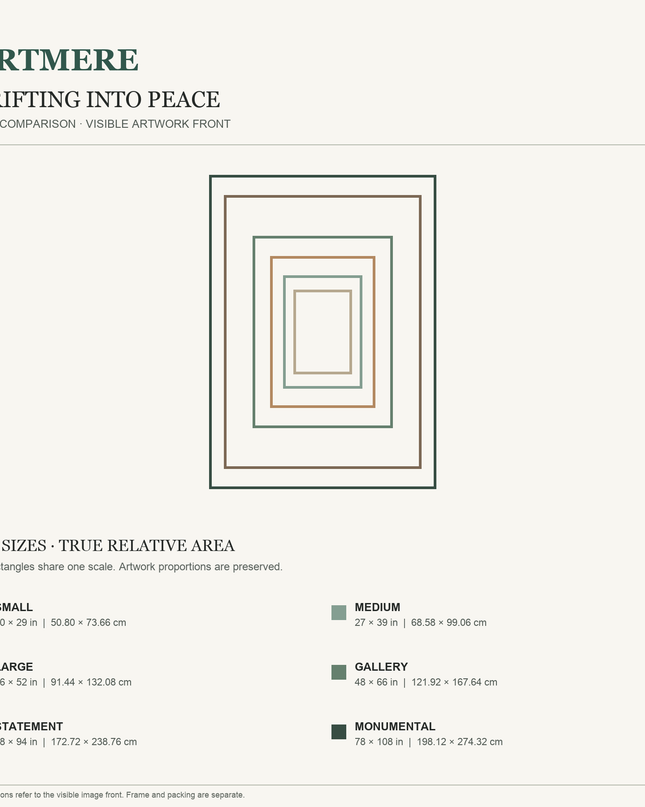 Drifting Into Peace — six-size comparison guide, visible artwork dimensions in inches and cm