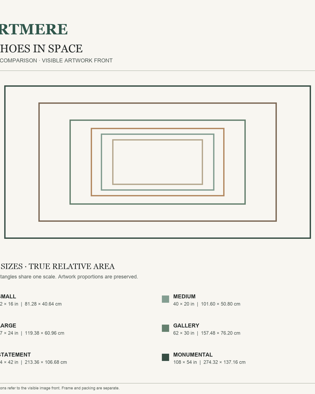 Echoes in Space — six-size comparison guide, visible artwork dimensions in inches and cm