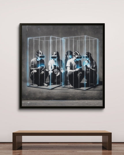 Framed artwork of people sitting inside a glass box on a white wall with a wooden bench below.