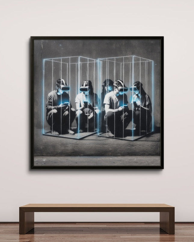 Framed artwork of people sitting inside a glass box on a white wall with a wooden bench below.