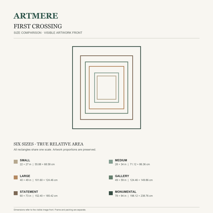 First Crossing — six-size comparison guide, visible artwork dimensions in inches and cm