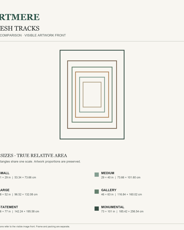 Fresh Tracks — six-size comparison guide, visible artwork dimensions in inches and cm