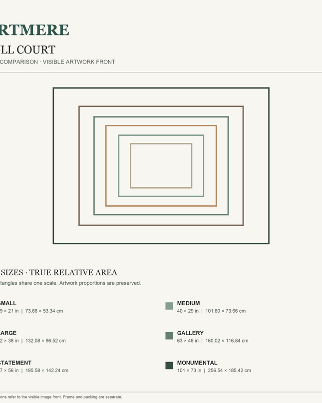 Full Court — six-size comparison guide, visible artwork dimensions in inches and cm