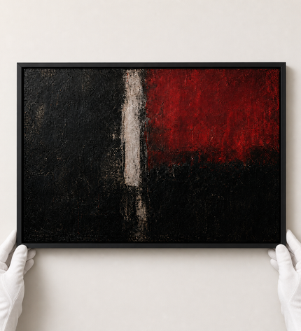 Crimson Divide — presented by a white-gloved art handler