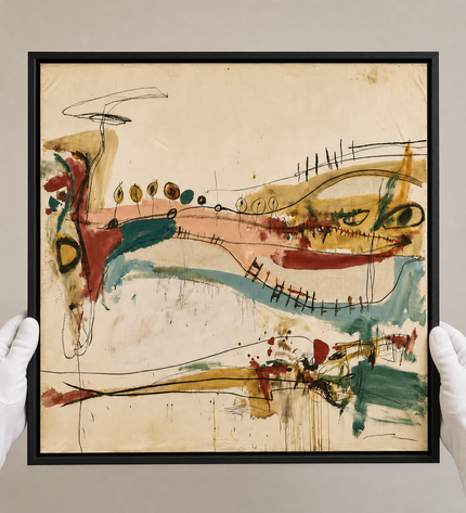 Between Currents — presented by a white-gloved art handler in a gallery