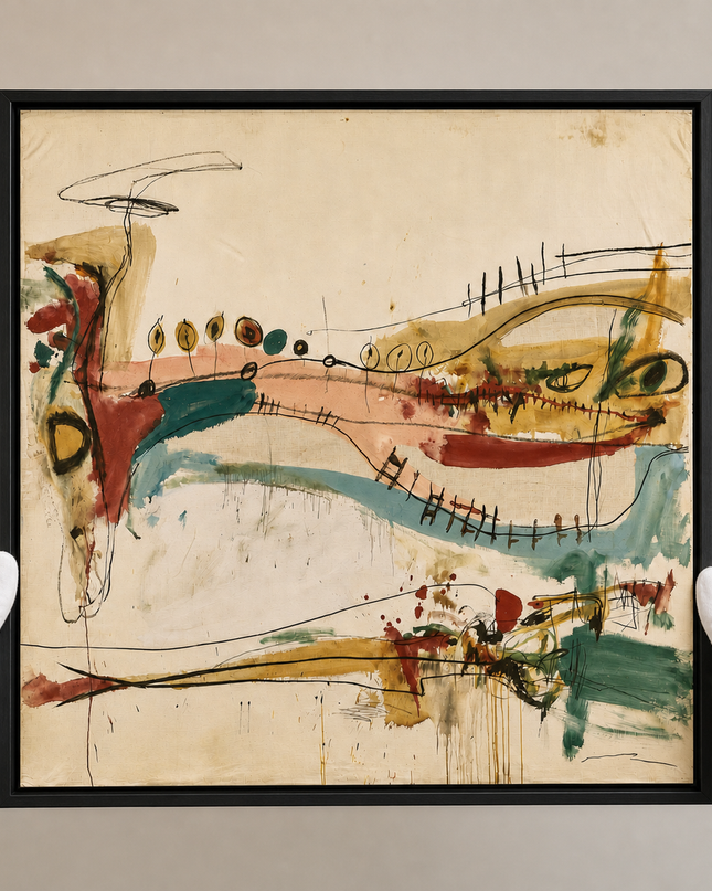 Between Currents — presented by a white-gloved art handler in a gallery