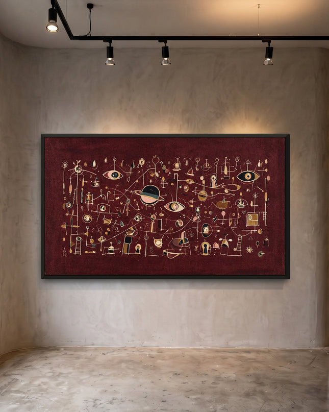 Oxblood Orbits — framed artwork in a gallery setting