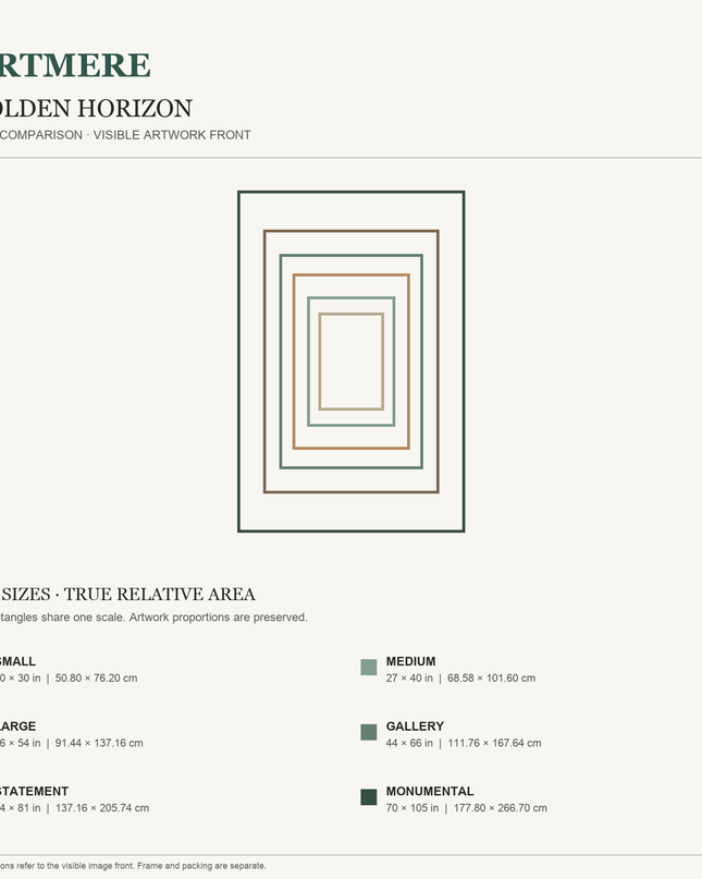 Golden Horizon — six-size comparison guide, visible artwork dimensions in inches and cm
