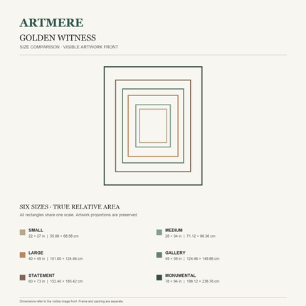 Golden Witness — six-size comparison guide, visible artwork dimensions in inches and cm