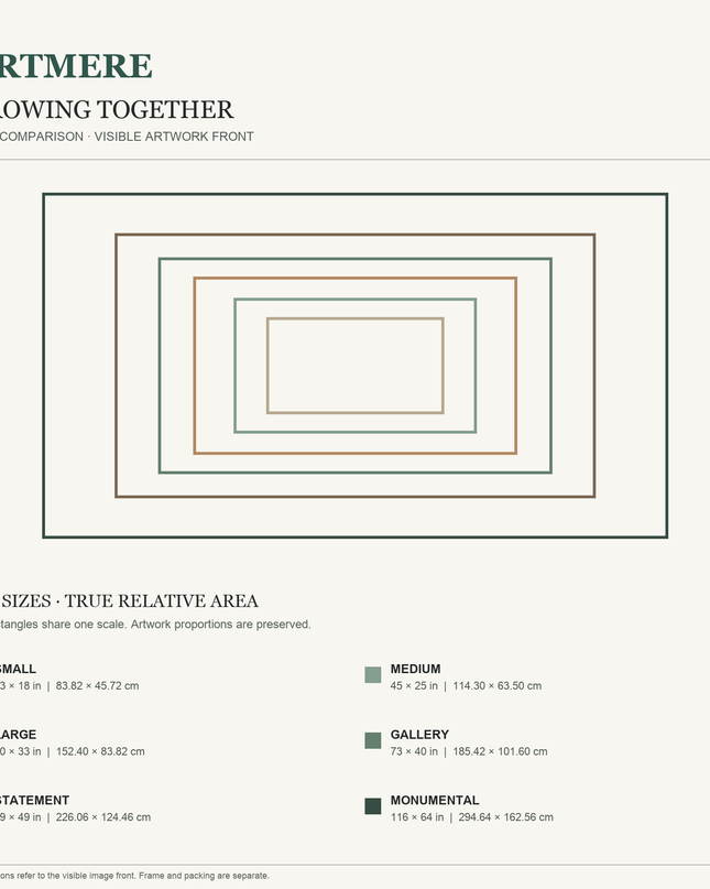 Growing Together — six-size comparison guide, visible artwork dimensions in inches and cm