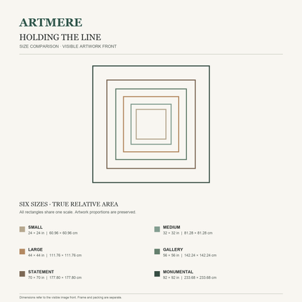 Holding the Line — six-size comparison guide, visible artwork dimensions in inches and cm