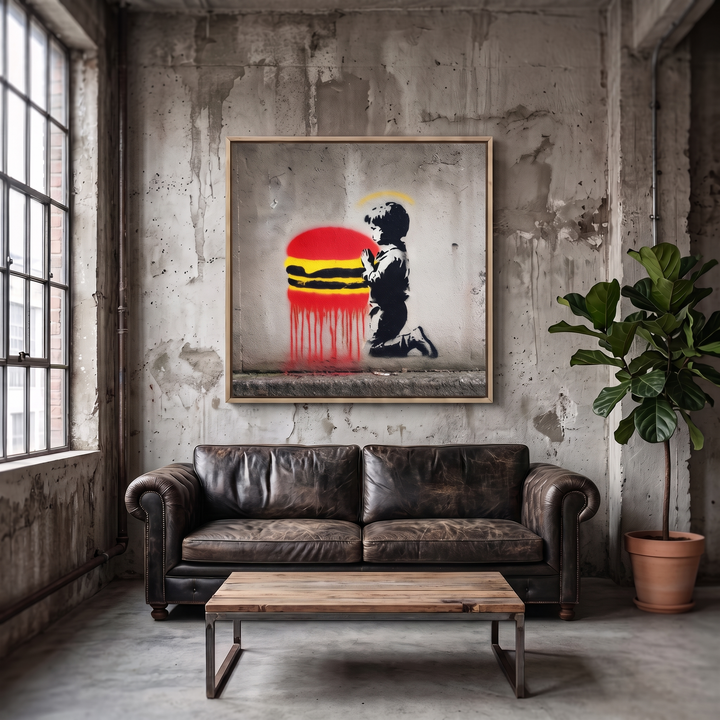 Holy Burger hand-painted figurative painting displayed in an elegant dining room