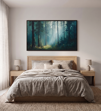 Joy Among Trees hand-painted landscape painting displayed in a serene bedroom