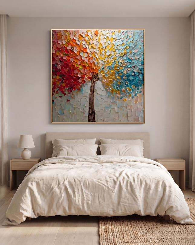 Joyful Tree above a bed in a warm neutral bedroom with daylight from the right