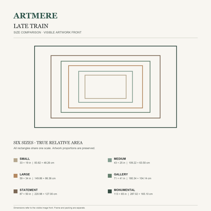Late Train — six-size comparison guide, visible artwork dimensions in inches and cm