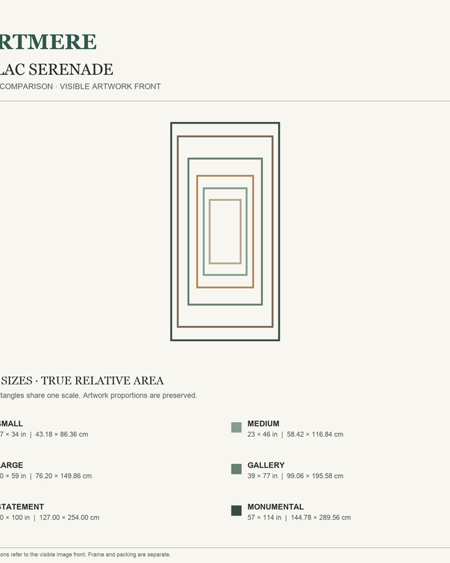 Lilac Serenade — six-size comparison guide, visible artwork dimensions in inches and cm