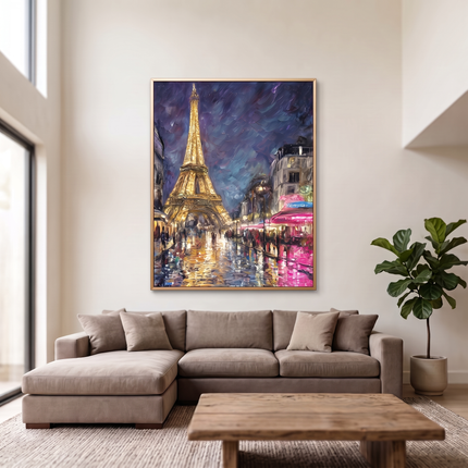 Love in Paris hand-painted cityscape painting displayed in a spacious open-plan living room