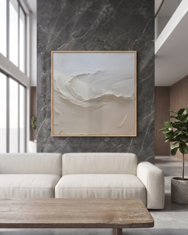 Lunar Tides hand-painted landscape painting displayed in a spacious open-plan living room