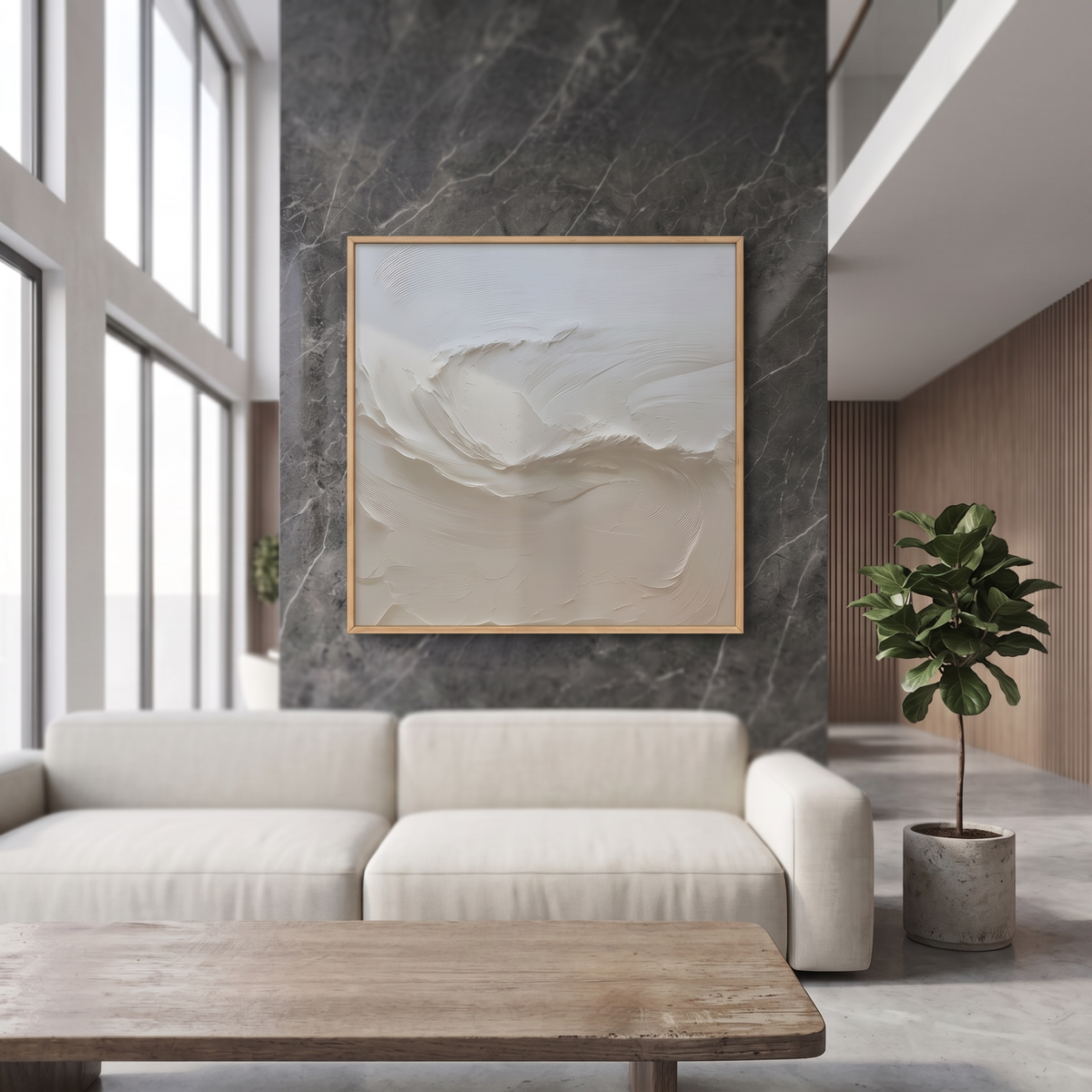 Lunar Tides hand-painted landscape painting displayed in a spacious open-plan living room