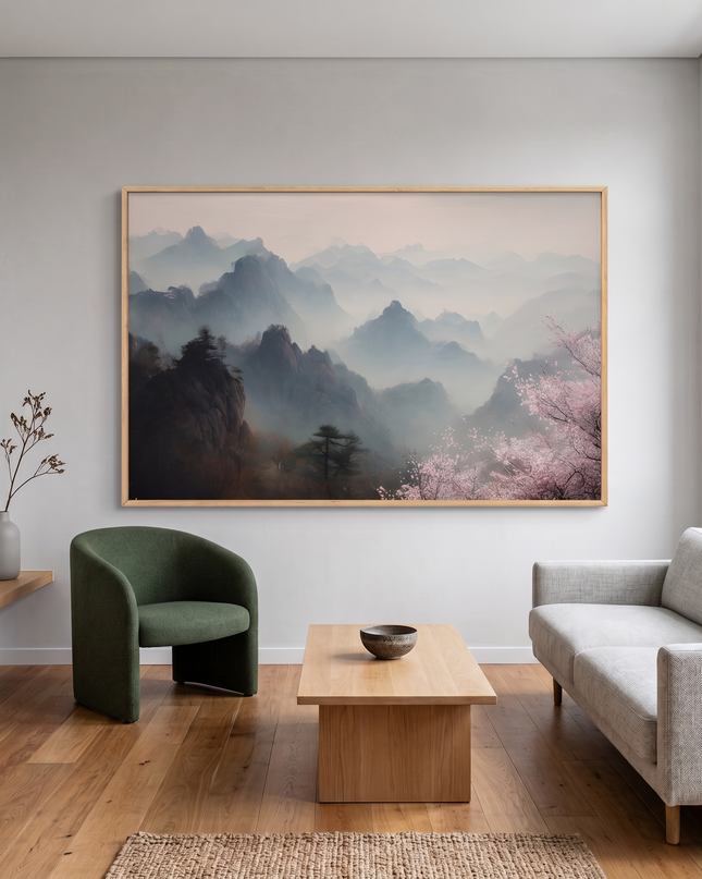 Mist Over Mountains hand-painted landscape painting displayed in a modern living room with warm accents