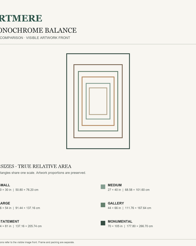 Monochrome Balance — six-size comparison guide, visible artwork dimensions in inches and cm