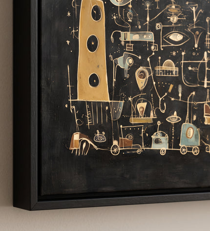 Moonlit Machines corner detail with black wooden floater frame