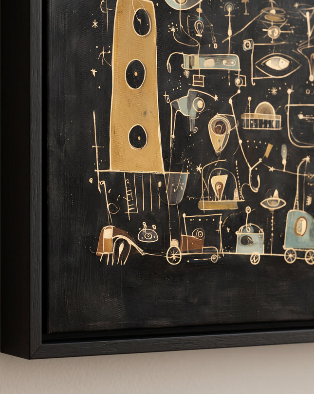 Moonlit Machines corner detail with black wooden floater frame