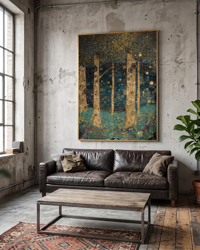 Mystic Woodland hand-painted landscape painting displayed in an elegant dining room