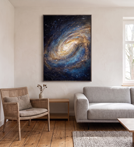Nebula of Light hand-painted landscape painting displayed in a modern living room with warm accents