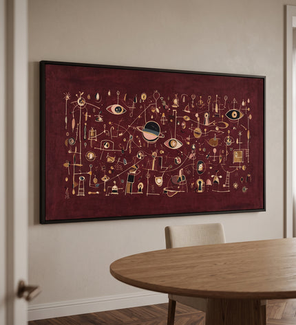 Oxblood Orbits — framed artwork viewed from the side