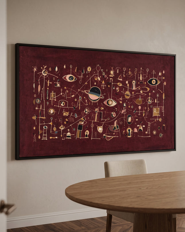 Oxblood Orbits — framed artwork viewed from the side